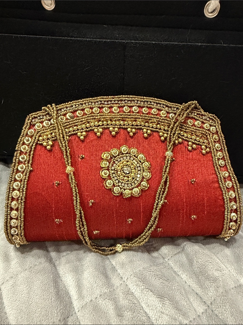 Embellished Red Evening Clutch with Gold Beadwork